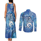Torres Strait Islander Dhari Stingray Couples Matching Tank Maxi Dress and Long Sleeve Button Shirt Aboriginal Dot Art Blue Pastel Style