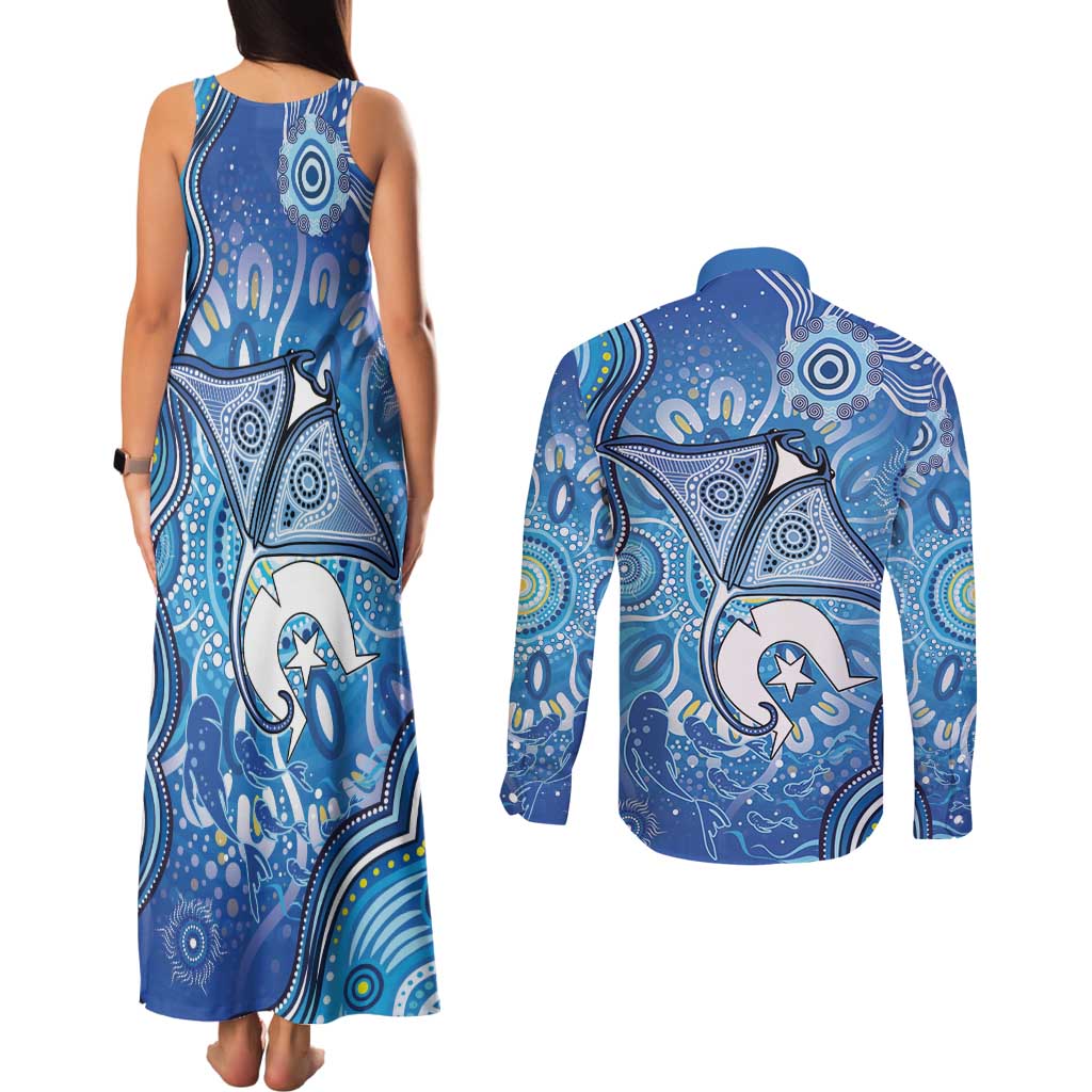 Torres Strait Islander Dhari Stingray Couples Matching Tank Maxi Dress and Long Sleeve Button Shirt Aboriginal Dot Art Blue Pastel Style