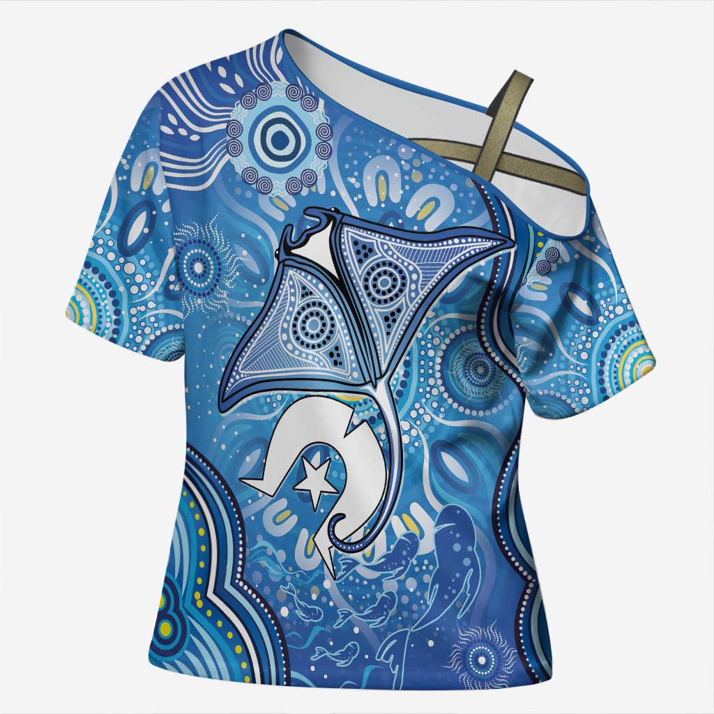 Torres Strait Islander Dhari Stingray Cross Shoulder Shirt Aboriginal Dot Art Blue Pastel Style