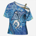 Torres Strait Islander Dhari Stingray Cross Shoulder Shirt Aboriginal Dot Art Blue Pastel Style