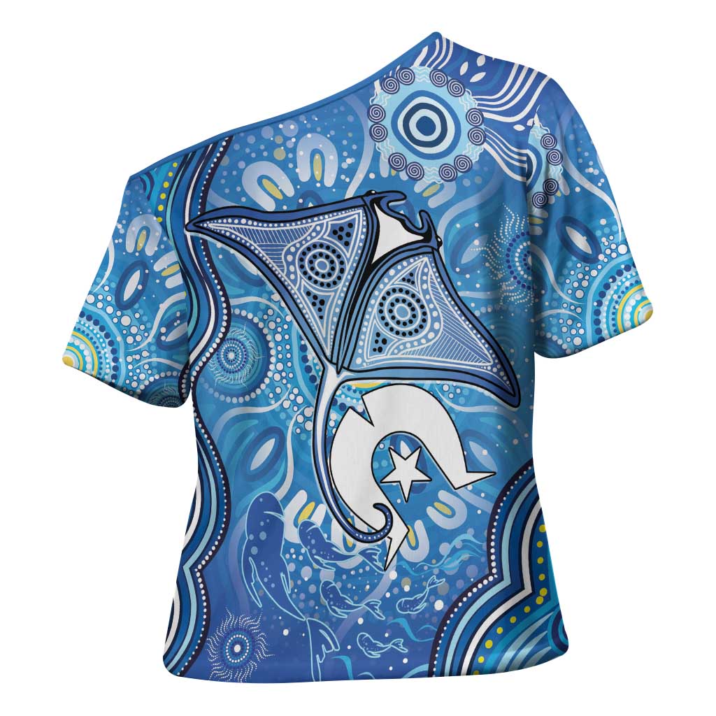 Torres Strait Islander Dhari Stingray Cross Shoulder Shirt Aboriginal Dot Art Blue Pastel Style