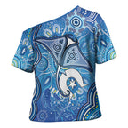 Torres Strait Islander Dhari Stingray Cross Shoulder Shirt Aboriginal Dot Art Blue Pastel Style