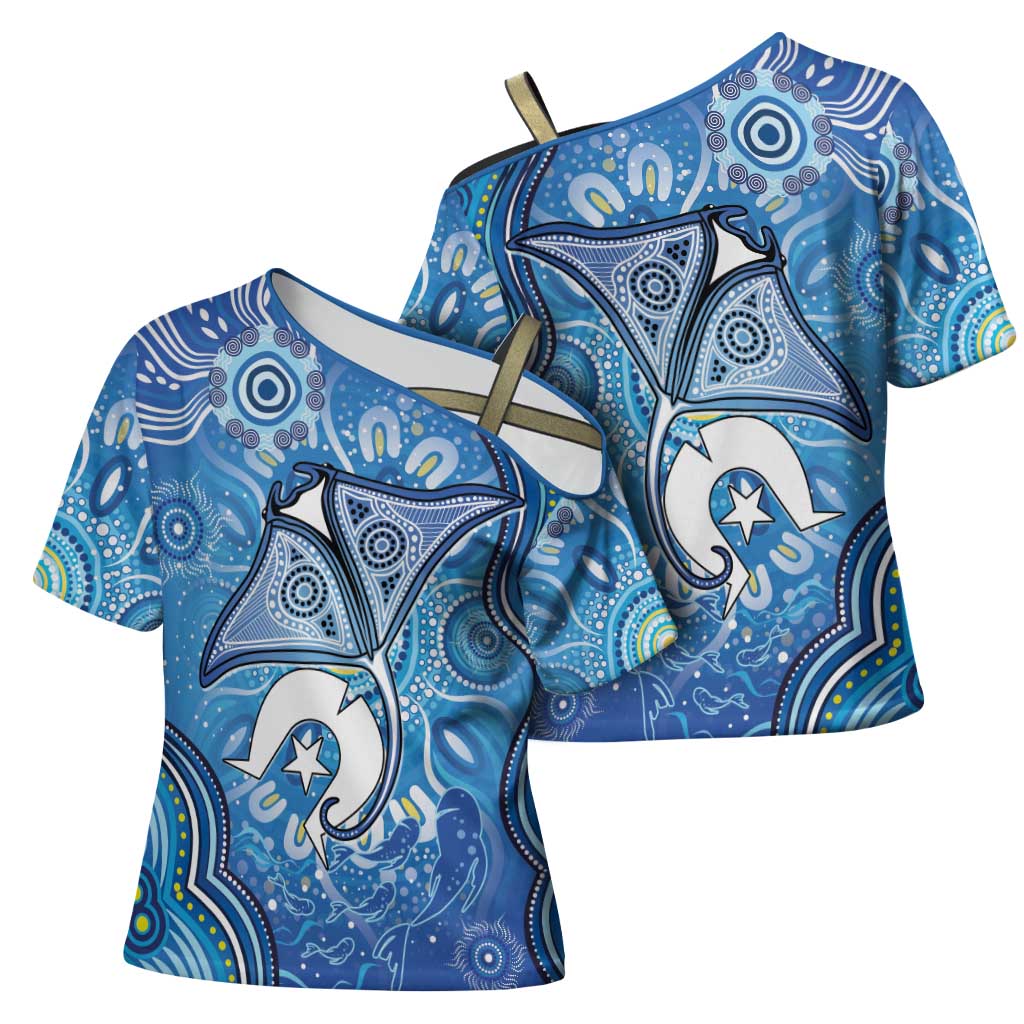 Torres Strait Islander Dhari Stingray Cross Shoulder Shirt Aboriginal Dot Art Blue Pastel Style