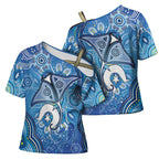 Torres Strait Islander Dhari Stingray Cross Shoulder Shirt Aboriginal Dot Art Blue Pastel Style