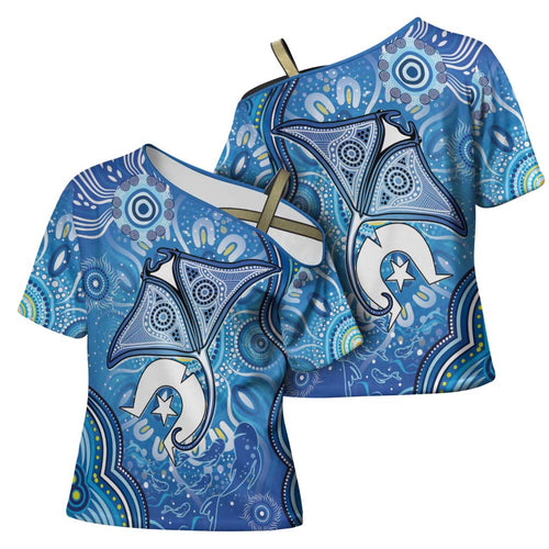 Torres Strait Islander Dhari Stingray Cross Shoulder Shirt Aboriginal Dot Art Blue Pastel Style