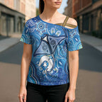 Torres Strait Islander Dhari Stingray Cross Shoulder Shirt Aboriginal Dot Art Blue Pastel Style