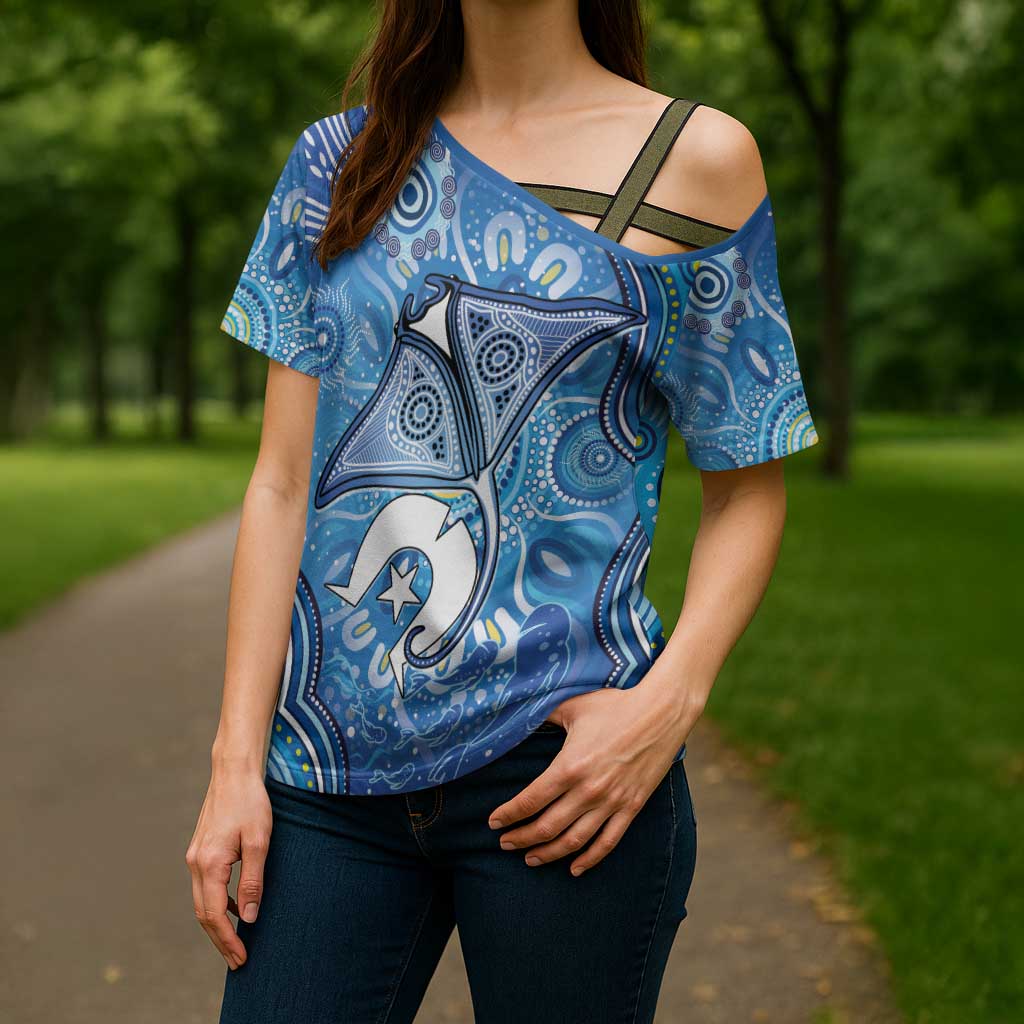 Torres Strait Islander Dhari Stingray Cross Shoulder Shirt Aboriginal Dot Art Blue Pastel Style