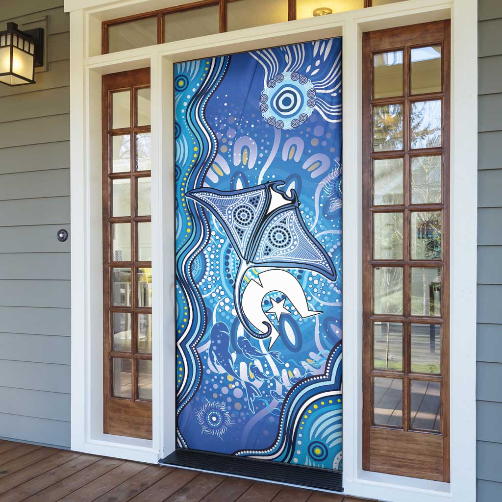 Torres Strait Islander Dhari Stingray Door Cover Aboriginal Dot Art Blue Pastel Style