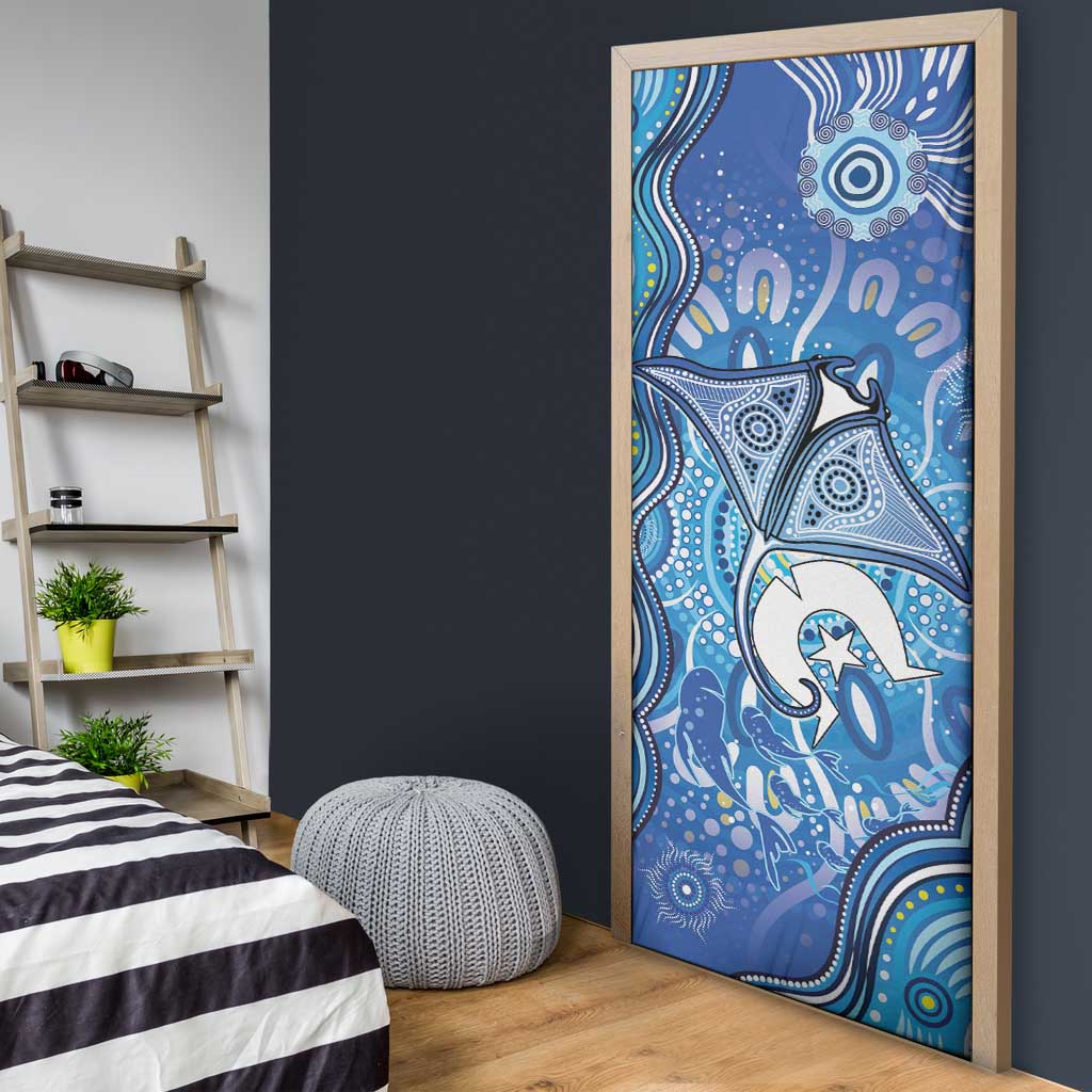 Torres Strait Islander Dhari Stingray Door Cover Aboriginal Dot Art Blue Pastel Style