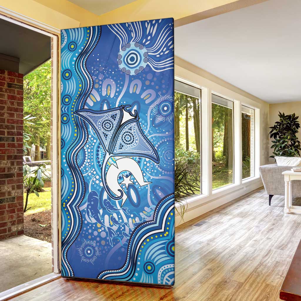 Torres Strait Islander Dhari Stingray Door Cover Aboriginal Dot Art Blue Pastel Style