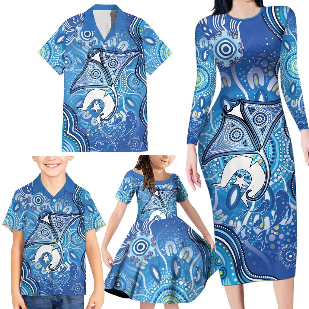 Torres Strait Islander Dhari Stingray Family Matching Long Sleeve Bodycon Dress and Hawaiian Shirt Aboriginal Dot Art Blue Pastel Style