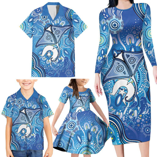 Torres Strait Islander Dhari Stingray Family Matching Long Sleeve Bodycon Dress and Hawaiian Shirt Aboriginal Dot Art Blue Pastel Style