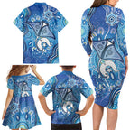 Torres Strait Islander Dhari Stingray Family Matching Long Sleeve Bodycon Dress and Hawaiian Shirt Aboriginal Dot Art Blue Pastel Style