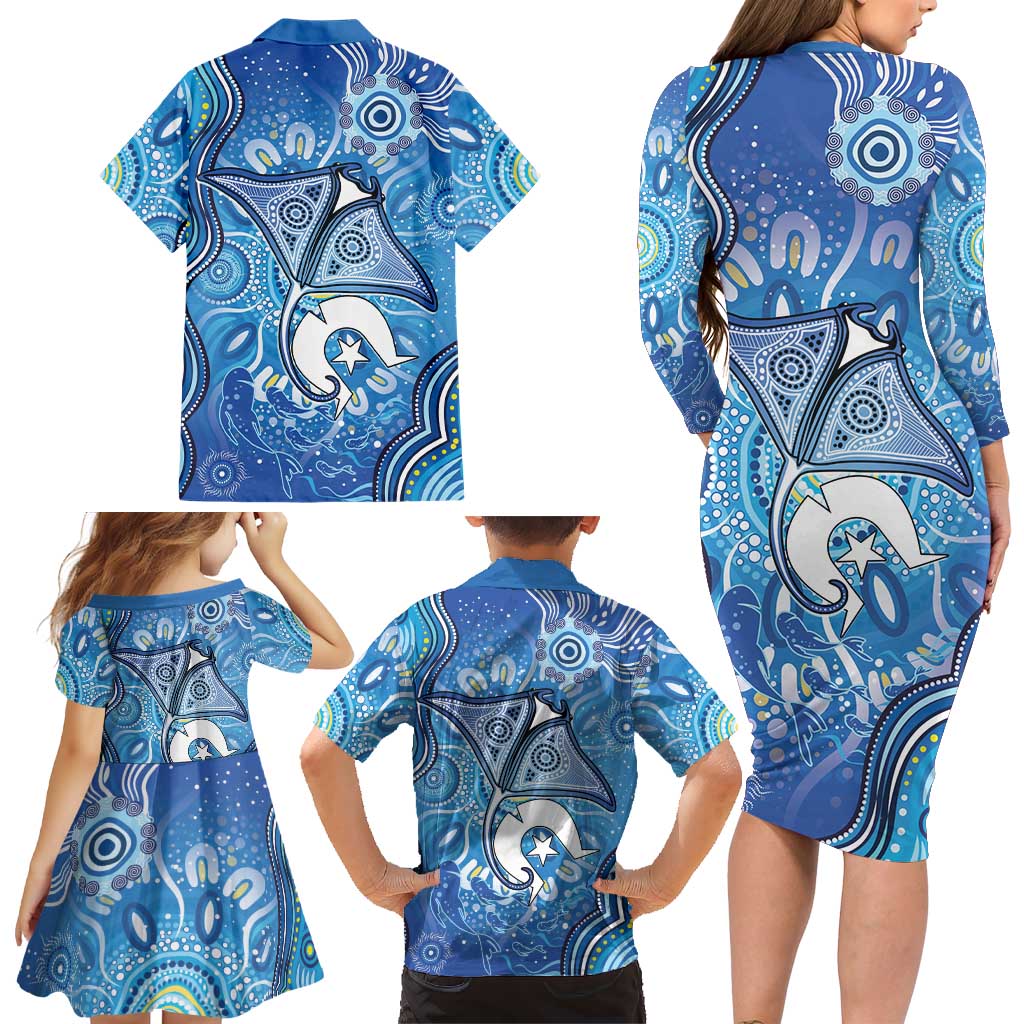 Torres Strait Islander Dhari Stingray Family Matching Long Sleeve Bodycon Dress and Hawaiian Shirt Aboriginal Dot Art Blue Pastel Style
