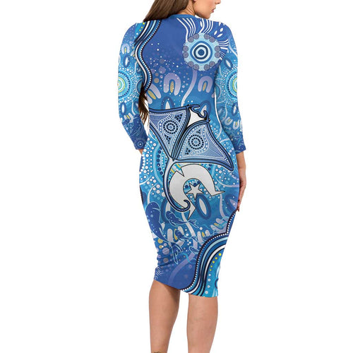 Torres Strait Islander Dhari Stingray Family Matching Long Sleeve Bodycon Dress and Hawaiian Shirt Aboriginal Dot Art Blue Pastel Style