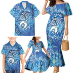 Torres Strait Islander Dhari Stingray Family Matching Mermaid Dress and Hawaiian Shirt Aboriginal Dot Art Blue Pastel Style