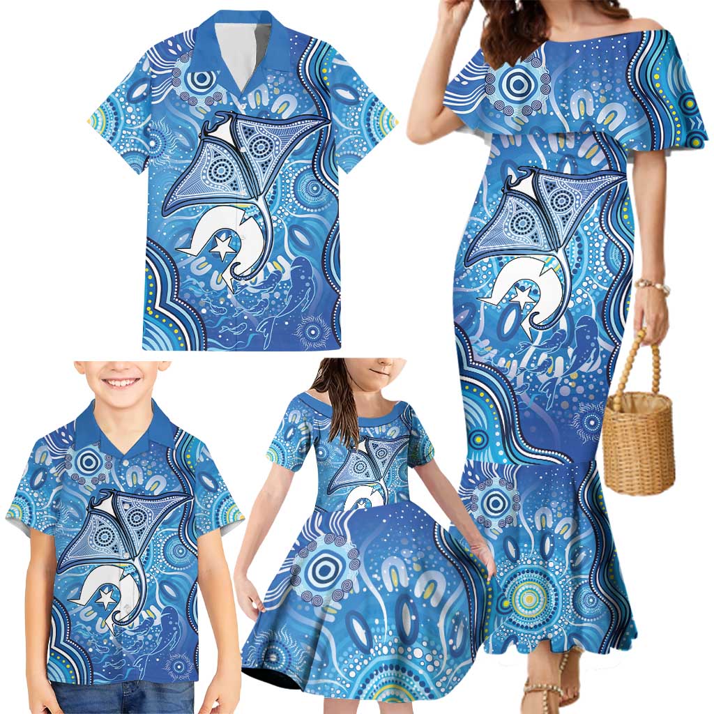 Torres Strait Islander Dhari Stingray Family Matching Mermaid Dress and Hawaiian Shirt Aboriginal Dot Art Blue Pastel Style