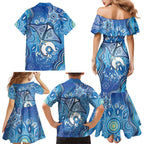 Torres Strait Islander Dhari Stingray Family Matching Mermaid Dress and Hawaiian Shirt Aboriginal Dot Art Blue Pastel Style