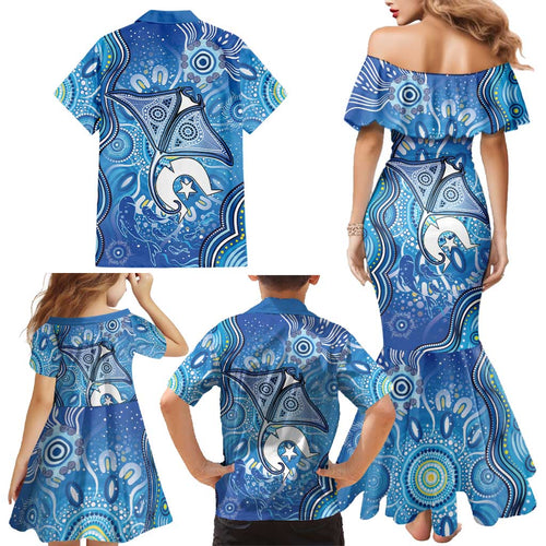 Torres Strait Islander Dhari Stingray Family Matching Mermaid Dress and Hawaiian Shirt Aboriginal Dot Art Blue Pastel Style