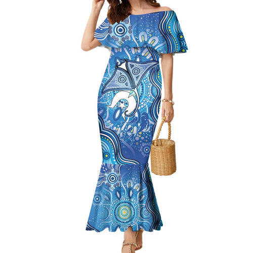 Torres Strait Islander Dhari Stingray Family Matching Mermaid Dress and Hawaiian Shirt Aboriginal Dot Art Blue Pastel Style