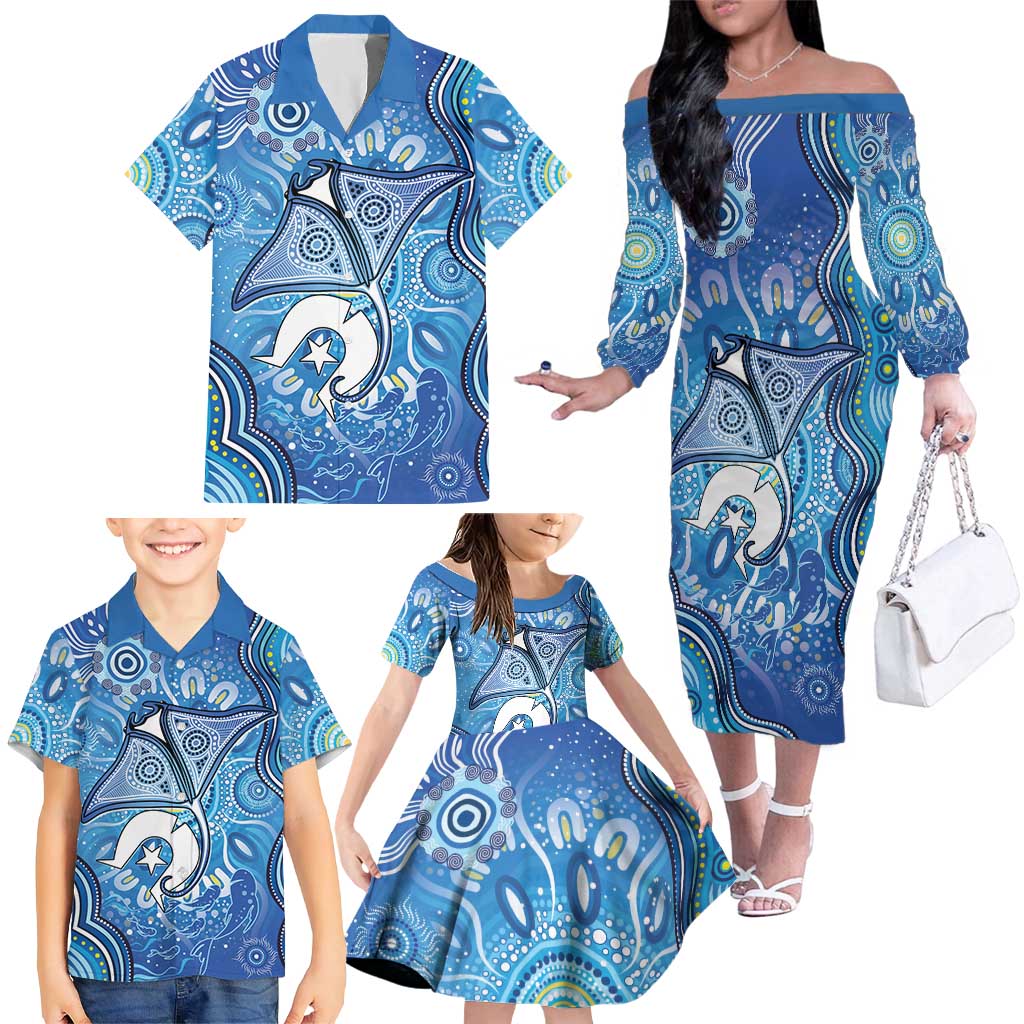 Torres Strait Islander Dhari Stingray Family Matching Off The Shoulder Long Sleeve Dress and Hawaiian Shirt Aboriginal Dot Art Blue Pastel Style