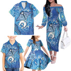 Torres Strait Islander Dhari Stingray Family Matching Off The Shoulder Long Sleeve Dress and Hawaiian Shirt Aboriginal Dot Art Blue Pastel Style