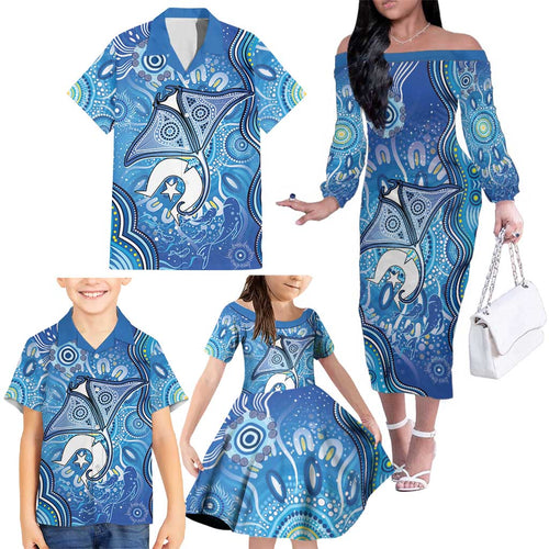 Torres Strait Islander Dhari Stingray Family Matching Off The Shoulder Long Sleeve Dress and Hawaiian Shirt Aboriginal Dot Art Blue Pastel Style