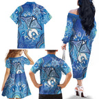 Torres Strait Islander Dhari Stingray Family Matching Off The Shoulder Long Sleeve Dress and Hawaiian Shirt Aboriginal Dot Art Blue Pastel Style