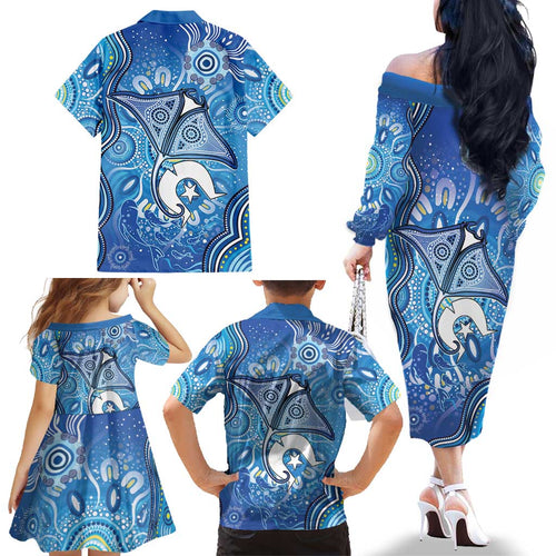Torres Strait Islander Dhari Stingray Family Matching Off The Shoulder Long Sleeve Dress and Hawaiian Shirt Aboriginal Dot Art Blue Pastel Style
