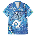 Torres Strait Islander Dhari Stingray Family Matching Off The Shoulder Long Sleeve Dress and Hawaiian Shirt Aboriginal Dot Art Blue Pastel Style