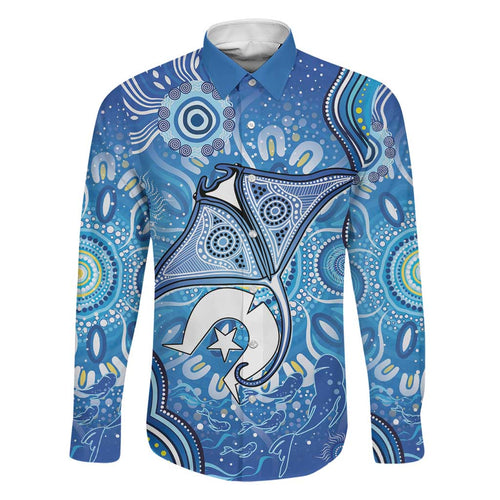 Torres Strait Islander Dhari Stingray Family Matching Off The Shoulder Long Sleeve Dress and Hawaiian Shirt Aboriginal Dot Art Blue Pastel Style