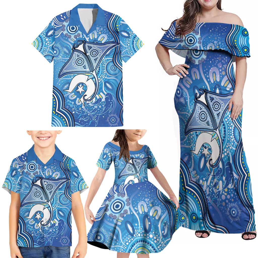 Torres Strait Islander Dhari Stingray Family Matching Off Shoulder Maxi Dress and Hawaiian Shirt Aboriginal Dot Art Blue Pastel Style