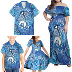 Torres Strait Islander Dhari Stingray Family Matching Off Shoulder Maxi Dress and Hawaiian Shirt Aboriginal Dot Art Blue Pastel Style