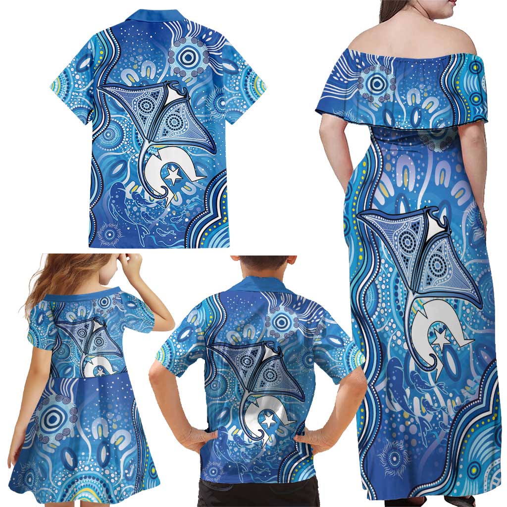 Torres Strait Islander Dhari Stingray Family Matching Off Shoulder Maxi Dress and Hawaiian Shirt Aboriginal Dot Art Blue Pastel Style