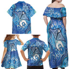 Torres Strait Islander Dhari Stingray Family Matching Off Shoulder Maxi Dress and Hawaiian Shirt Aboriginal Dot Art Blue Pastel Style