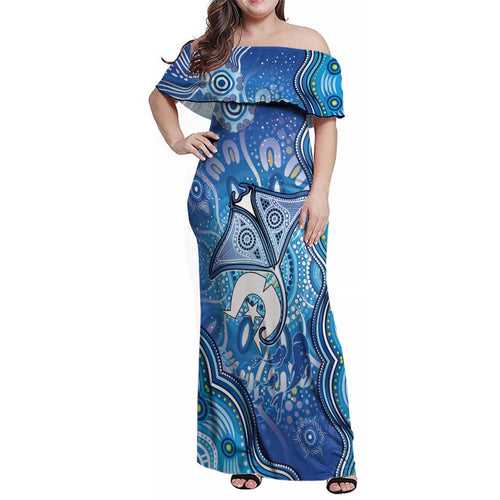 Torres Strait Islander Dhari Stingray Family Matching Off Shoulder Maxi Dress and Hawaiian Shirt Aboriginal Dot Art Blue Pastel Style
