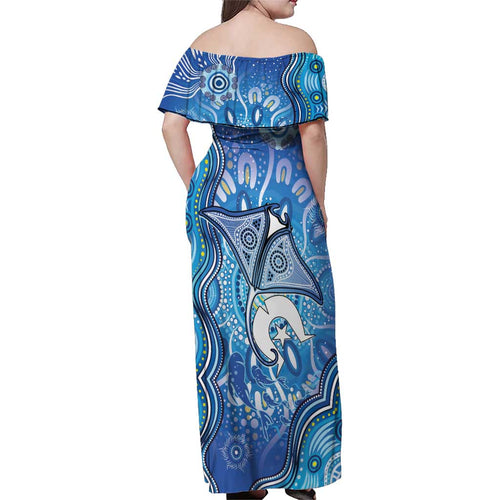 Torres Strait Islander Dhari Stingray Family Matching Off Shoulder Maxi Dress and Hawaiian Shirt Aboriginal Dot Art Blue Pastel Style