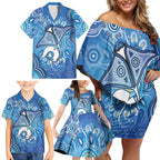 Torres Strait Islander Dhari Stingray Family Matching Off Shoulder Short Dress and Hawaiian Shirt Aboriginal Dot Art Blue Pastel Style