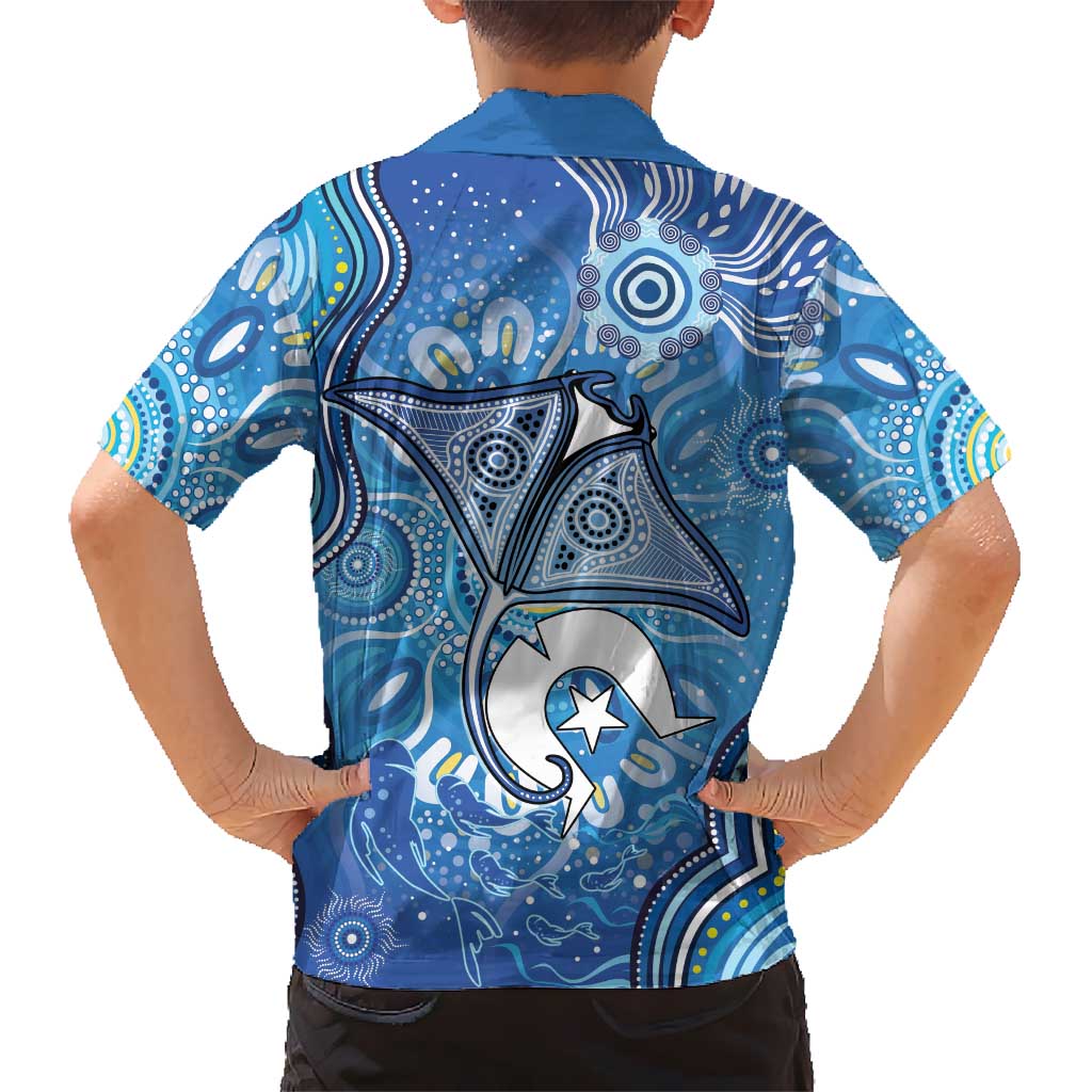 Torres Strait Islander Dhari Stingray Family Matching Off Shoulder Short Dress and Hawaiian Shirt Aboriginal Dot Art Blue Pastel Style