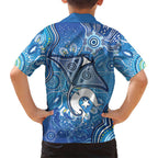 Torres Strait Islander Dhari Stingray Family Matching Off Shoulder Short Dress and Hawaiian Shirt Aboriginal Dot Art Blue Pastel Style