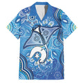 Torres Strait Islander Dhari Stingray Family Matching Off Shoulder Short Dress and Hawaiian Shirt Aboriginal Dot Art Blue Pastel Style