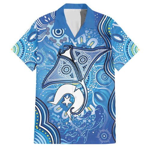 Torres Strait Islander Dhari Stingray Family Matching Off Shoulder Short Dress and Hawaiian Shirt Aboriginal Dot Art Blue Pastel Style