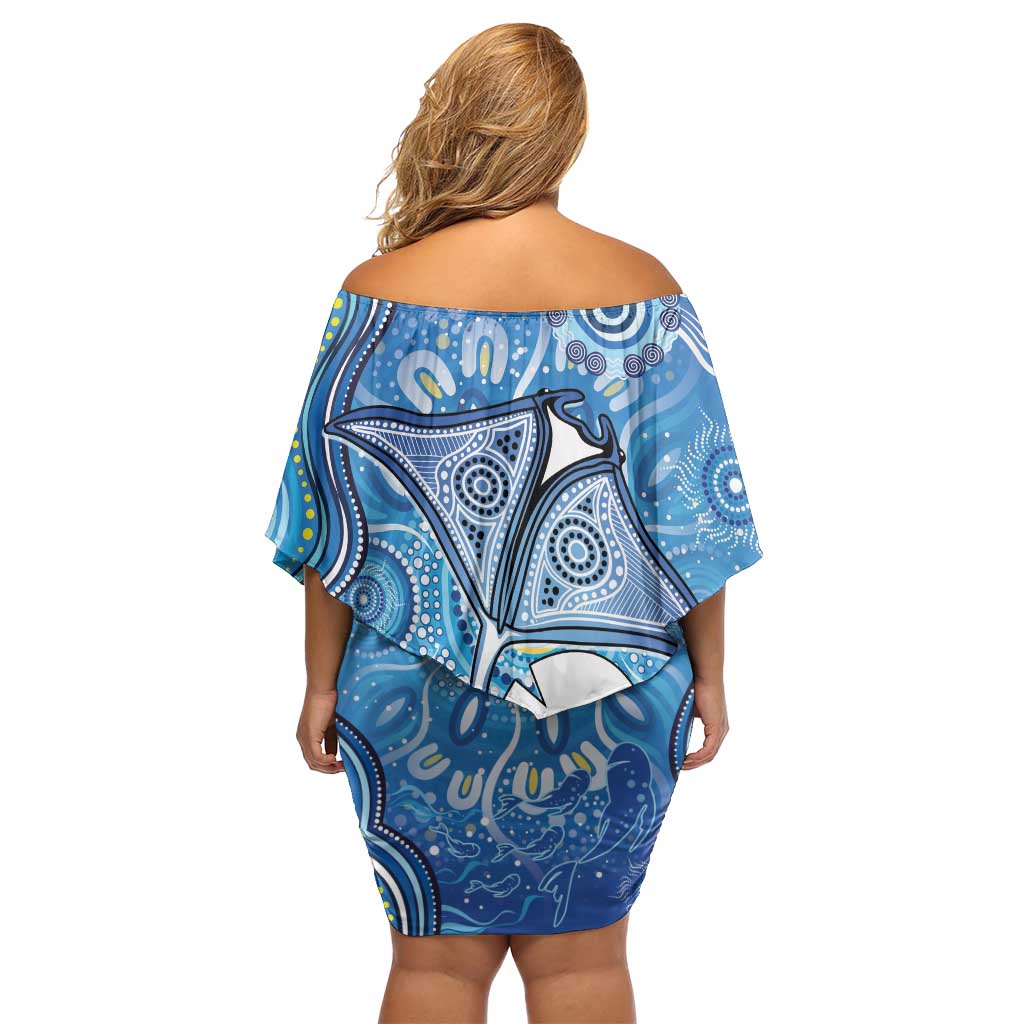 Torres Strait Islander Dhari Stingray Family Matching Off Shoulder Short Dress and Hawaiian Shirt Aboriginal Dot Art Blue Pastel Style