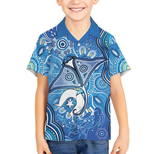 Torres Strait Islander Dhari Stingray Family Matching Off Shoulder Short Dress and Hawaiian Shirt Aboriginal Dot Art Blue Pastel Style
