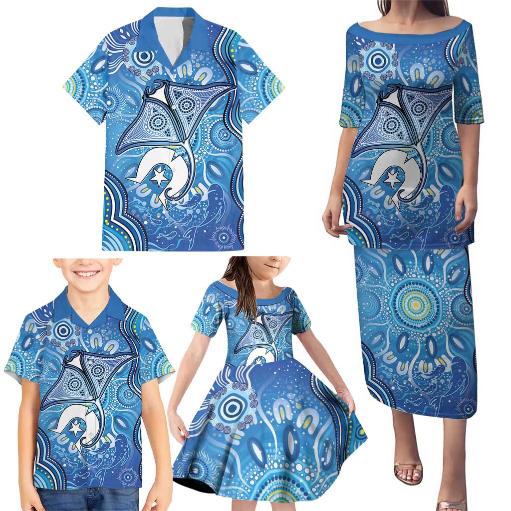 Torres Strait Islander Dhari Stingray Family Matching Puletasi and Hawaiian Shirt Aboriginal Dot Art Blue Pastel Style