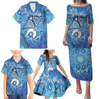 Torres Strait Islander Dhari Stingray Family Matching Puletasi and Hawaiian Shirt Aboriginal Dot Art Blue Pastel Style