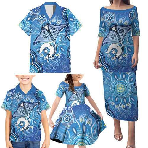Torres Strait Islander Dhari Stingray Family Matching Puletasi and Hawaiian Shirt Aboriginal Dot Art Blue Pastel Style
