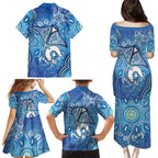 Torres Strait Islander Dhari Stingray Family Matching Puletasi and Hawaiian Shirt Aboriginal Dot Art Blue Pastel Style