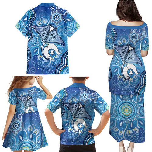 Torres Strait Islander Dhari Stingray Family Matching Puletasi and Hawaiian Shirt Aboriginal Dot Art Blue Pastel Style
