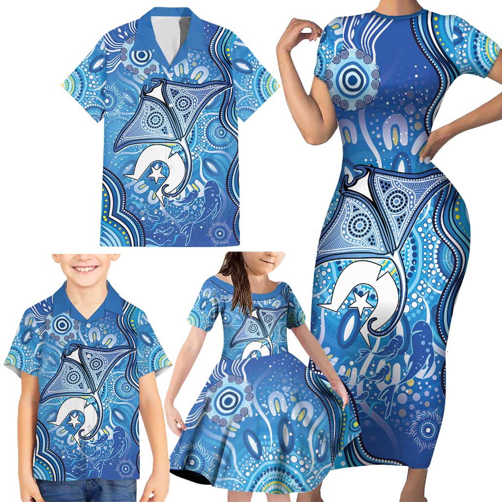 Torres Strait Islander Dhari Stingray Family Matching Short Sleeve Bodycon Dress and Hawaiian Shirt Aboriginal Dot Art Blue Pastel Style